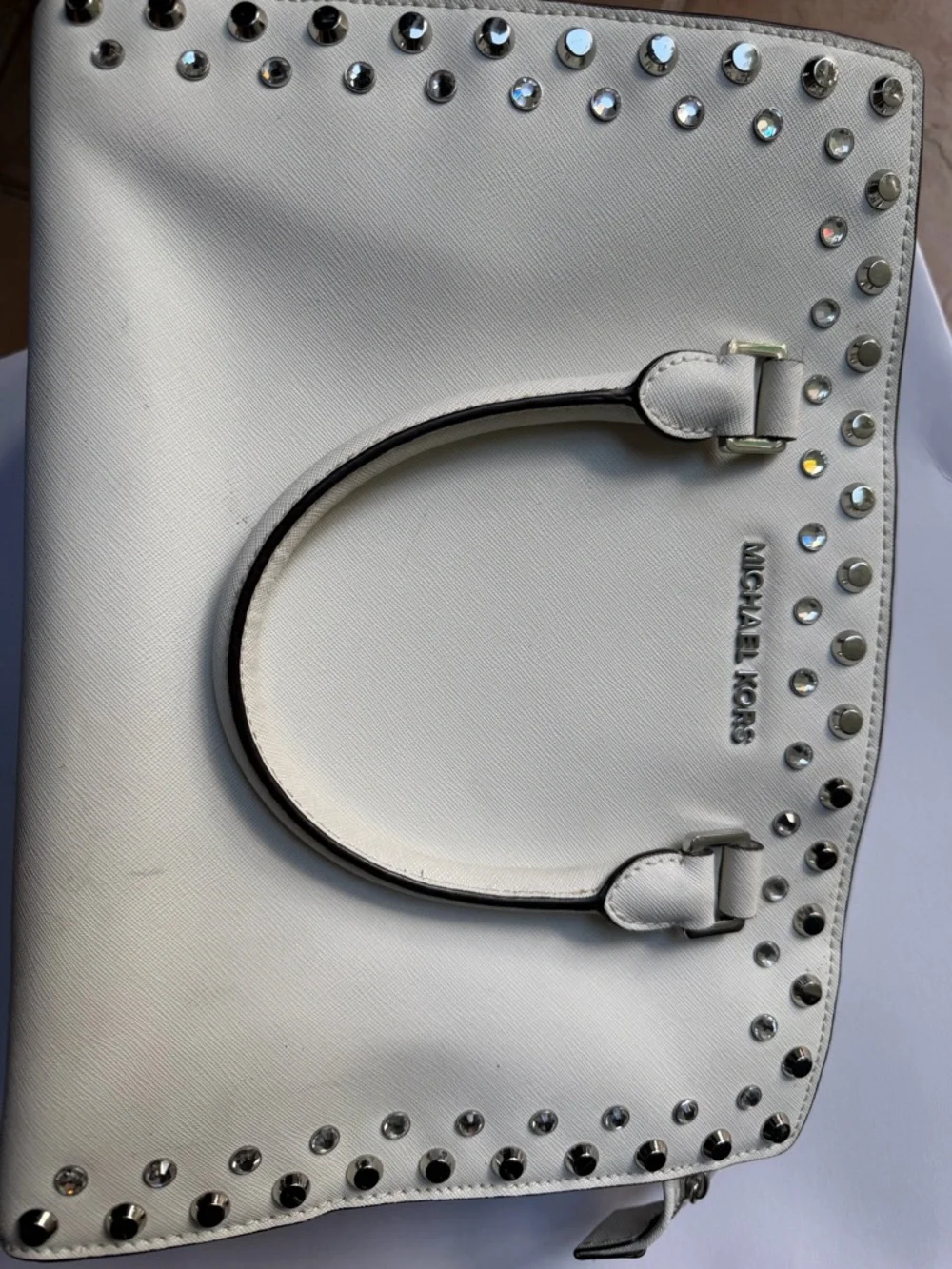Michael Kors White Studded Saffiano Satchel with Silver Hardware - Picture 6 of 7